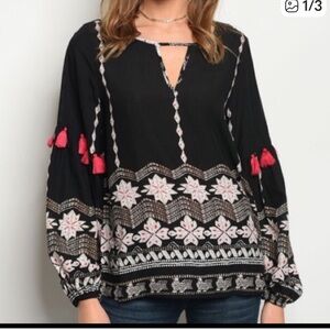 NWT  Very J Black Blouse with Pink Embroidery